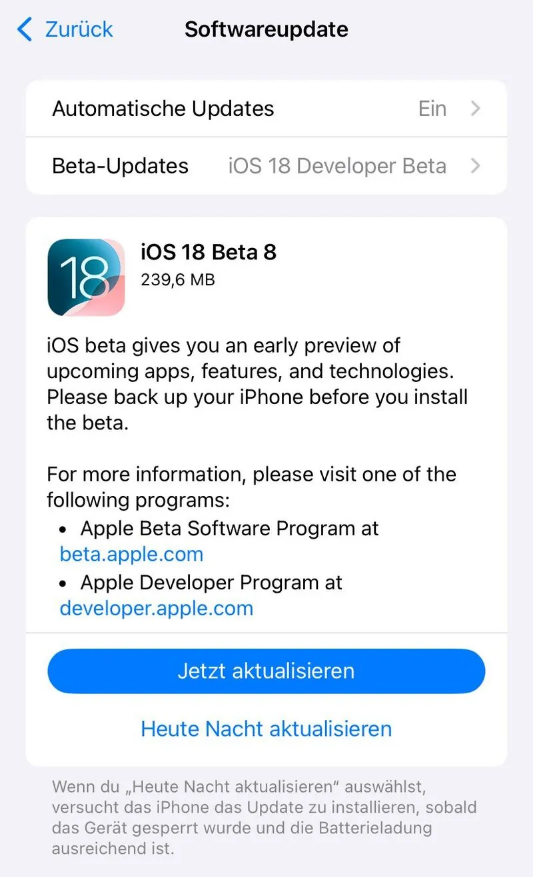 泊头苹果手机维修分享苹果 iOS / iPadOS 18 开发者预览版 Beta 8 发布 